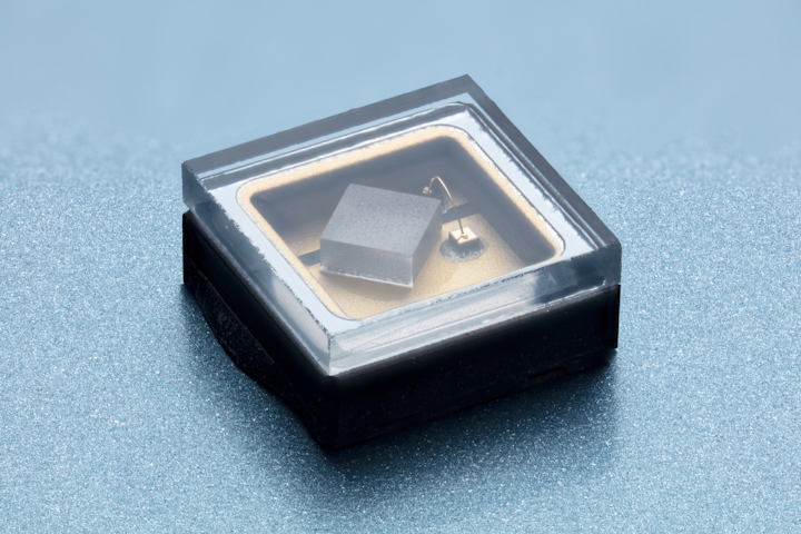 A 1 × 1 mm UV LED chip in a 3.5 × 3.5 mm hermetically sealed package is shown.