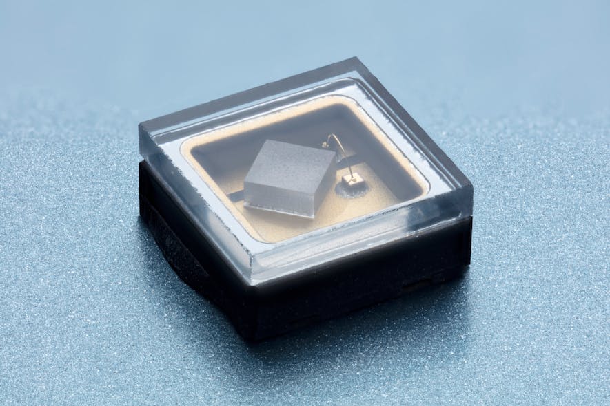A 1 &times; 1 mm UV LED chip in a 3.5 &times; 3.5 mm hermetically sealed package is shown.