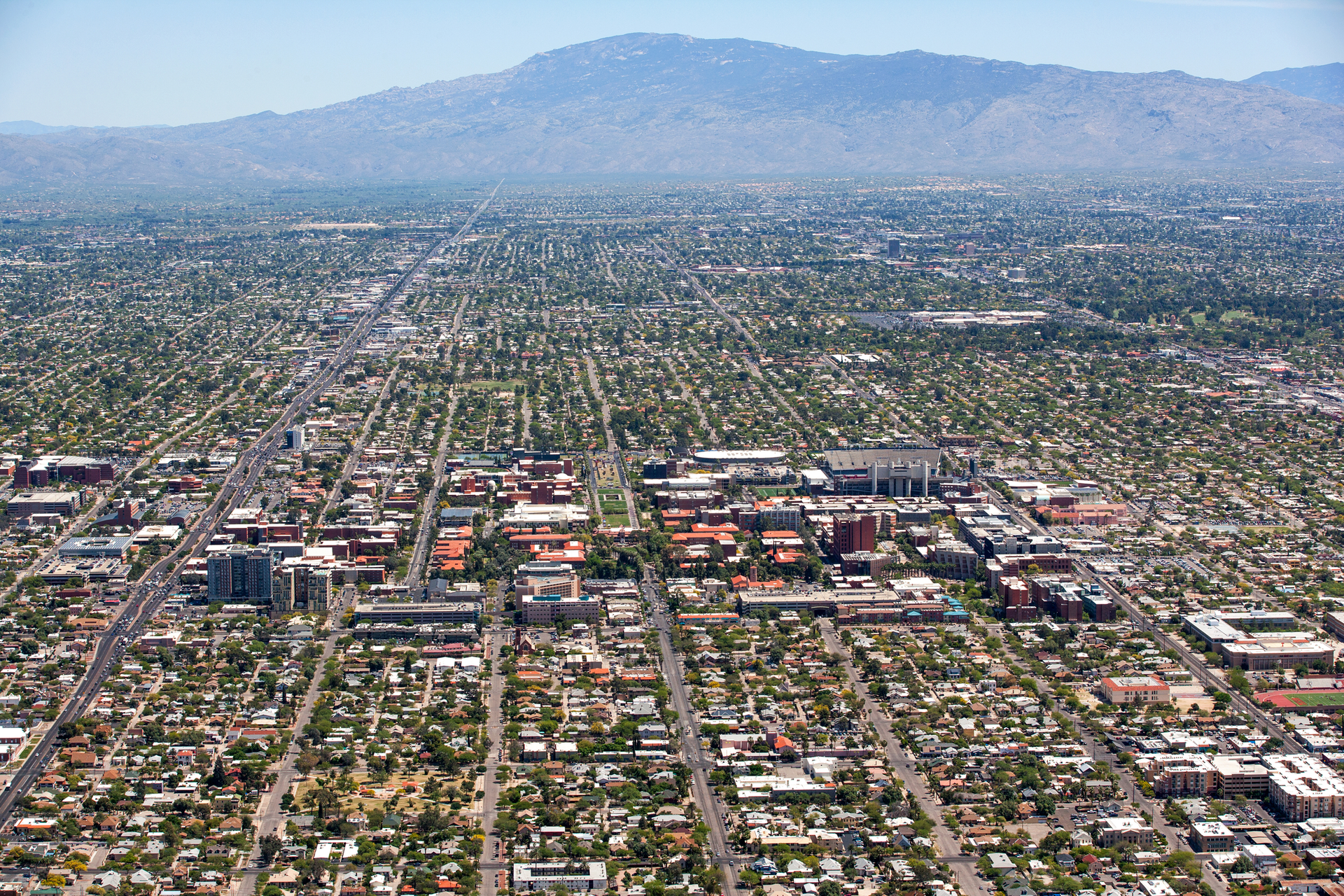Aerial view of Tucson, AZ and the University of Arizona campus looking towards the east.