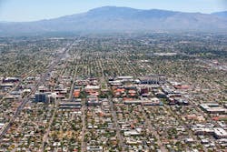 Aerial view of Tucson, AZ and the University of Arizona campus looking towards the east. Aerial view of Tucson, AZ and the University of Arizona campus looking towards the east.