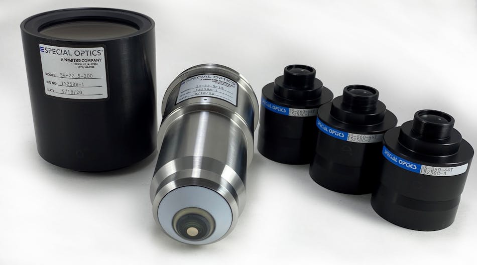 Custom microscope objective, scan lens, and tube lenses designed by Special Optics, A Navitar Company.