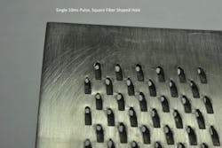 FRONTIS. In aerospace component drilling tests, a single 10 ms pulse from a square output fiber laser can produce a large square entrance hole at focus. FRONTIS. In aerospace component drilling tests, a single 10 ms pulse from a square output fiber laser can produce a large square entrance hole at focus.