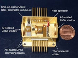 FIGURE 3. A QCL device is mounted in a butterfly package containing a thermoelectric cooler and collimation optics. FIGURE 3. A QCL device is mounted in a butterfly package containing a thermoelectric cooler and collimation optics.