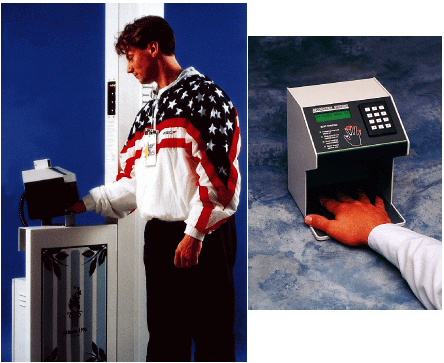 A member of the 1996 US Olympic team places his hand into the Handkey from Recognition Systems for entrance to the Olympic Village in Altanta, GA. This was the first use of biometrics in Olympics security. The hand reader performed more than a million transactions in 28 days and had approximately 65,000 people enrolled. The ID-3D Handkey looks at both the top and side views of the hand using a built-in video camera and compression algorithms.