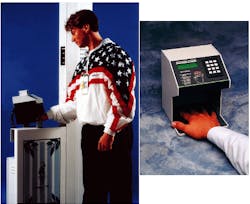 A member of the 1996 US Olympic team places his hand into the Handkey from Recognition Systems for entrance to the Olympic Village in Altanta, GA. This was the first use of biometrics in Olympics security. The hand reader performed more than a million transactions in 28 days and had approximately 65,000 people enrolled. The ID-3D Handkey looks at both the top and side views of the hand using a built-in video camera and compression algorithms. A member of the 1996 US Olympic team places his hand into the Handkey from Recognition Systems for entrance to the Olympic Village in Altanta, GA. This was the first use of biometrics in Olympics security. The hand reader performed more than a million transactions in 28 days and had approximately 65,000 people enrolled. The ID-3D Handkey looks at both the top and side views of the hand using a built-in video camera and compression algorithms.