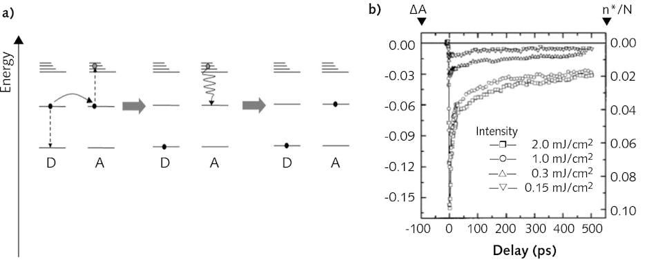 FIGURE 6. Annihilation of excitations in a molecular compound (a). When two excitations meet on one molecule, it is promoted to a higher excited state. Since it is short-lived, soon there is only one excitation left. Decay of transient absorption signal in a bacterial light-harvesting complex (Fenna-Matthews-Olson protein) at different excitation pulse energies (b).