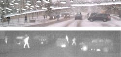 FIGURE 2. An example shows how IR adds further information to a vision camera. Top image: winter scene taken by a vision camera; bottom image: the same scene shown in IR spectrum. Note the pedestrians, wheels, and exhaust pipes. FIGURE 2. An example shows how IR adds further information to a vision camera. Top image: winter scene taken by a vision camera; bottom image: the same scene shown in IR spectrum. Note the pedestrians, wheels, and exhaust pipes.