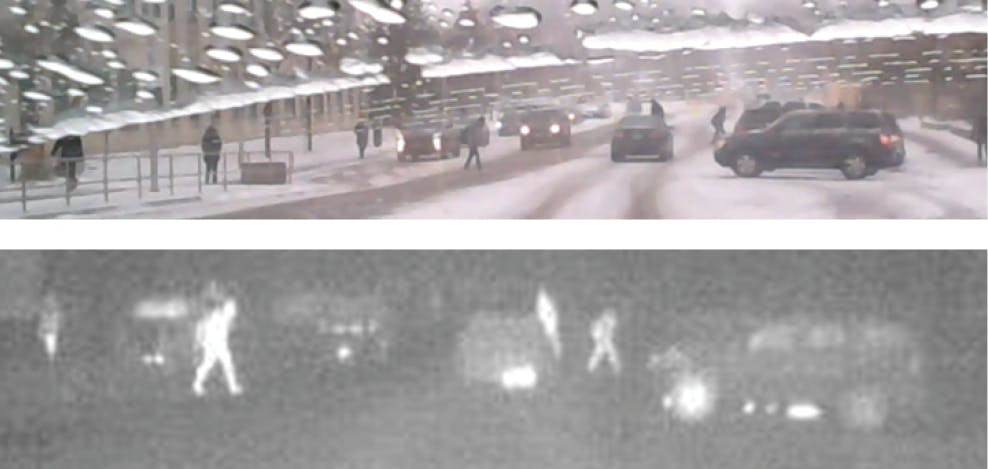 FIGURE 2. An example shows how IR adds further information to a vision camera. Top image: winter scene taken by a vision camera; bottom image: the same scene shown in IR spectrum. Note the pedestrians, wheels, and exhaust pipes.