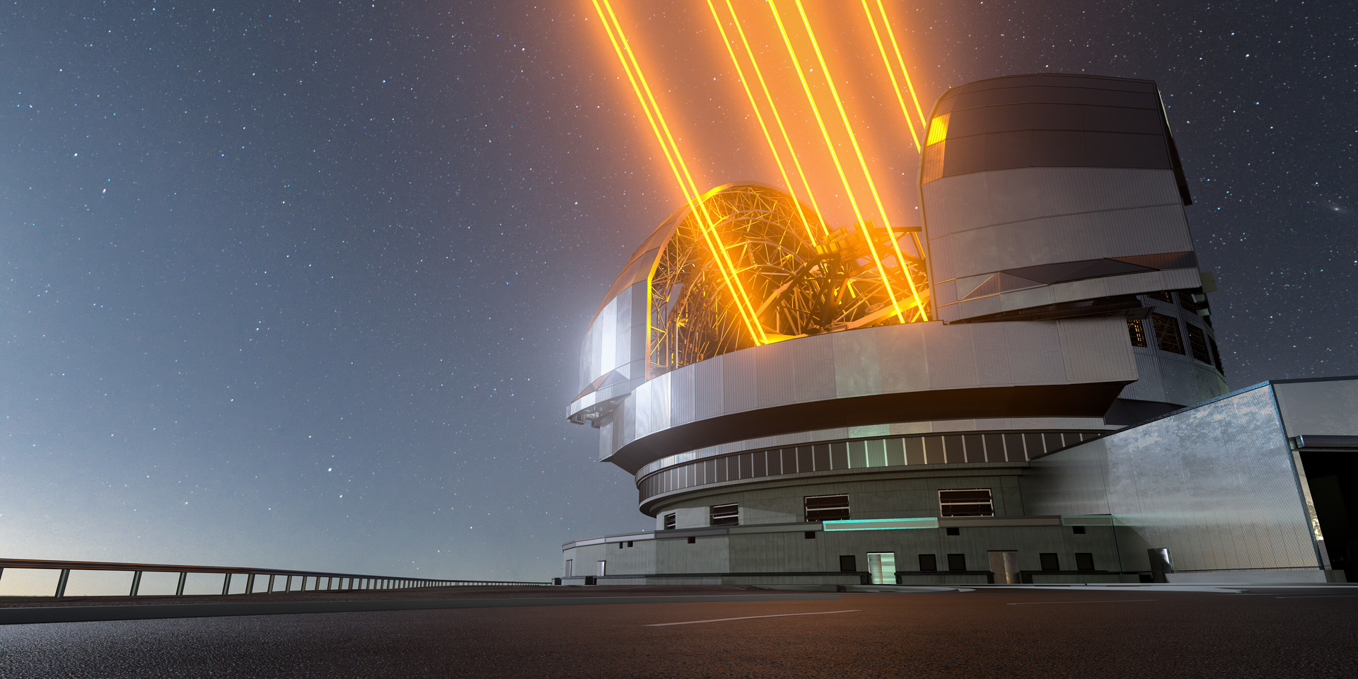 This image shows an artist's impression, based on the final design for the telescope, of ESO's Extremely Large Telescope (ELT), which will be the biggest &lsquo;eye on the sky&rsquo; when it achieves first light later this decade. The telescope uses lasers to create artificial guide stars to measure how much the light is distorted by turbulence in the Earth&rsquo;s atmosphere.