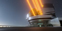 This image shows an artist&apos;s impression, based on the final design for the telescope, of ESO&apos;s Extremely Large Telescope (ELT), which will be the biggest &lsquo;eye on the sky&rsquo; when it achieves first light later this decade. The telescope uses lasers to create artificial guide stars to measure how much the light is distorted by turbulence in the Earth&rsquo;s atmosphere.