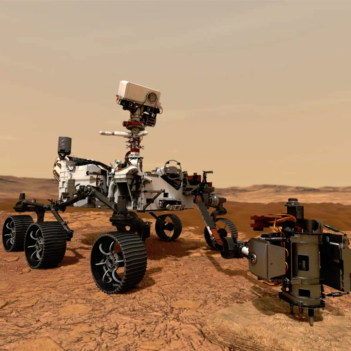 The illustration represents NASA&rsquo;s Perseverance Rover operating on the surface of Mars. Perseverance landed at the Red Planet&rsquo;s Jezero Crater on Feb. 18, 2021.