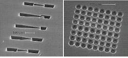 FIGURE 5. Micrographs of diffuser/nozzle prototypes (left) and an array of vertical nozzles (right) laser-etched into silicon demonstrate production of three-dimensional structures using laser micromachining with an argon-ion laser emitting at 488 nm. FIGURE 5. Micrographs of diffuser/nozzle prototypes (left) and an array of vertical nozzles (right) laser-etched into silicon demonstrate production of three-dimensional structures using laser micromachining with an argon-ion laser emitting at 488 nm.
