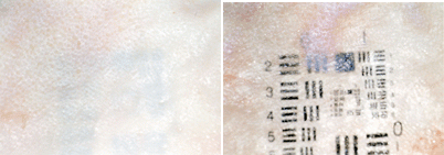 These images demonstrate the optical effect of glycerol on rat skin. A resolution target serves as a pattern to be imaged through the skin. In vitro rat skin (1.45 mm thick) was placed over the resolution target (above). The skin was then treated with glycerol for varying periods of time. The turbidity of the skin continues to decrease with the time it is treated with glycerol. After 25 minutes, even the numbers on the pattern can be resolved (right). To reverse the effects of the glycerol, the sample was rehydrated in a phosphate-buffered saline solution.