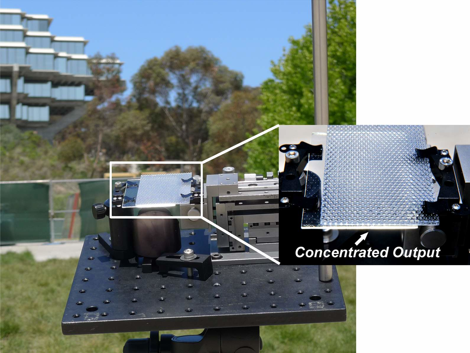 A concentrating photovoltaic (CPV) optical design couples sunlight focused by a micro-optic lens array into a patterned waveguide, transferring all the light from the lens array to the waveguide edge for collection by a single PV cell. The optic/waveguide combination significantly reduces alignment concerns seen in other CPV designs that often involve hundreds of optical elements aligned to individual PV cells.