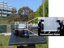 A concentrating photovoltaic (CPV) optical design couples sunlight focused by a micro-optic lens array into a patterned waveguide, transferring all the light from the lens array to the waveguide edge for collection by a single PV cell. The optic/waveguide combination significantly reduces alignment concerns seen in other CPV designs that often involve hundreds of optical elements aligned to individual PV cells.