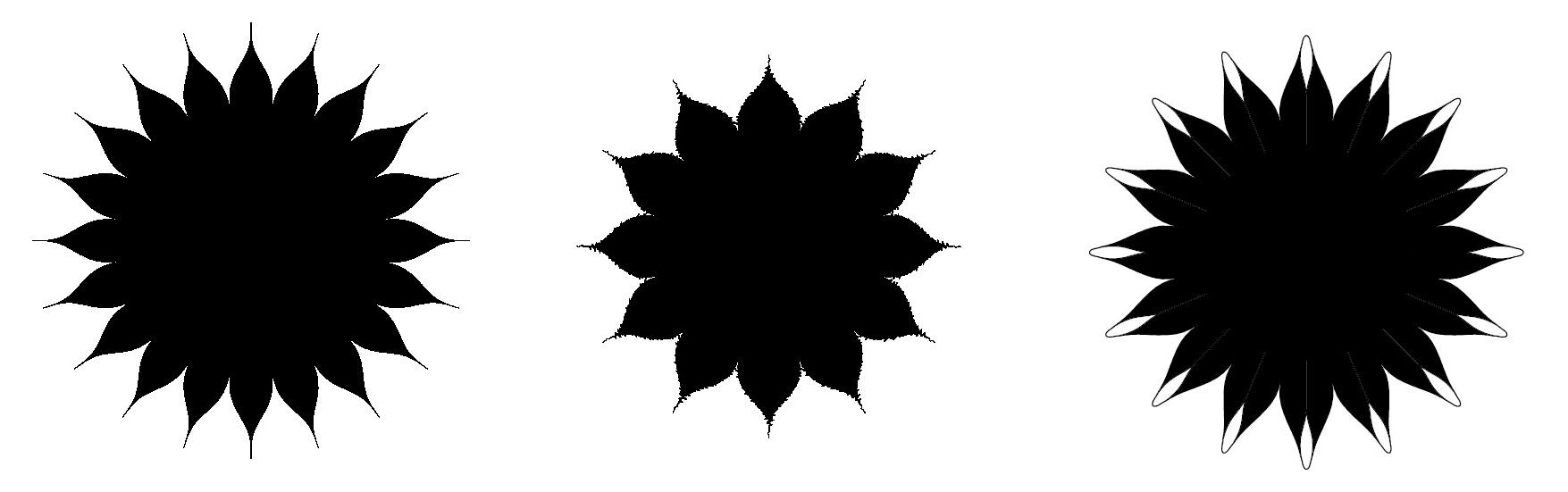 Occulters are physical forms that fly in formation with a space-based telescope, suppressing starlight in an artificial eclipse to aid in planet finding (left). By adding asymmetries (center) and open shapes (right) into the occulter's 'petals,' the number of petals can be reduced from 20 to around 12 without affecting starlight suppression, thus improving the chances of intact deployment of the simplified structures in space.