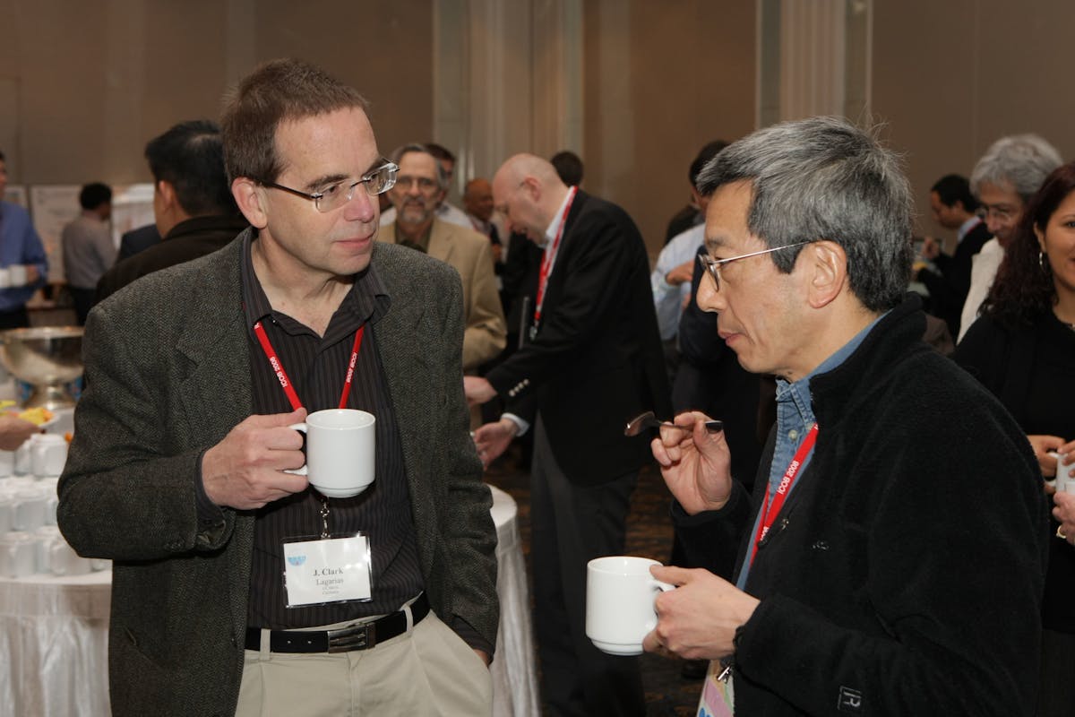 UC&ndash;Davis professor J. Clark Lagarias (left) talks with Nobel Prize laureate Roger Tsien (right) during the International Congress on Biophotonics 2008. The 2010 congress will run concurrently with four other bio-optics events.