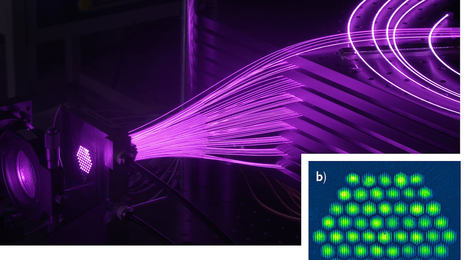 FIGURE 1. Shown are XCAN&rsquo;s 61 Yb-doped fiber amplifier bundle (a) and its near-field interference pattern (b).