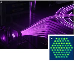 FIGURE 1. Shown are XCAN’s 61 Yb-doped fiber amplifier bundle (a) and its near-field interference pattern (b). FIGURE 1. Shown are XCAN’s 61 Yb-doped fiber amplifier bundle (a) and its near-field interference pattern (b).