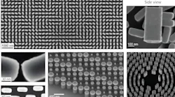 FIGURE 1. Subwavelength pillars of TiO2 form simple metalenses on millimeter-scale substrates, with scale shown. Their shapes, sizes and arrangement control bending of light that enters the metalenses vertically.