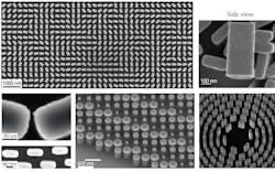 FIGURE 1. Subwavelength pillars of TiO2 form simple metalenses on millimeter-scale substrates, with scale shown. Their shapes, sizes and arrangement control bending of light that enters the metalenses vertically. FIGURE 1. Subwavelength pillars of TiO2 form simple metalenses on millimeter-scale substrates, with scale shown. Their shapes, sizes and arrangement control bending of light that enters the metalenses vertically.