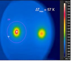FIGURE 3. The highly reflective mirror that did not feature new, low-thermal lensing coatings experienced a temperature change of 57,000, which was significantly higher than the mirrors featuring the new coatings. This first mirror led to a deterioration of system performance. FIGURE 3. The highly reflective mirror that did not feature new, low-thermal lensing coatings experienced a temperature change of 57,000, which was significantly higher than the mirrors featuring the new coatings. This first mirror led to a deterioration of system performance.