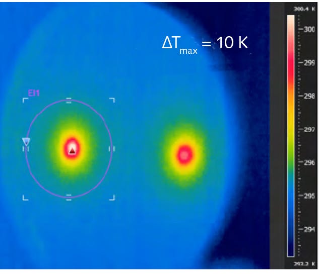 FIGURE 4. The low thermal lensing mirror with a GDD of -1000 fs2 exhibited a change in temperature of 10,000. This mirror did not result in any detectable thermally induced reduction of performance.