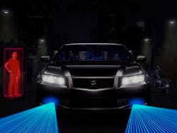 A conceptual diagram shows a vehicle equipped with light detection and ranging (lidar) technology. A conceptual diagram shows a vehicle equipped with light detection and ranging (lidar) technology.