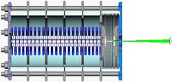 FIGURE 3. In the laser-triggered gas switch, a focused laser beam is responsible for generating a small spark about the size of a sewing needle. At the ends of the laser spark, enhanced electric fields cause breakdown of the SF6 gas and multiple arcs propagate along the switch backbone. When an arc reaches the far electrode of the switch, about 1 m away, the switch is shorted and 'turns on.' FIGURE 3. In the laser-triggered gas switch, a focused laser beam is responsible for generating a small spark about the size of a sewing needle. At the ends of the laser spark, enhanced electric fields cause breakdown of the SF6 gas and multiple arcs propagate along the switch backbone. When an arc reaches the far electrode of the switch, about 1 m away, the switch is shorted and 'turns on.'