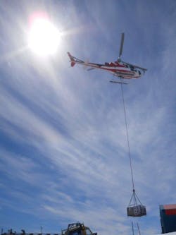 A femtosecond laser (Coherent Chameleon Ultra II) is carried by helicopter on its way to an Antarctic lab, where it became part of a modelocked cavity-enhanced absorption spectroscopy (ML-CEAS) setup used to measure trace molecules in the atmosphere.