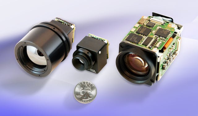 FIGURE 2. Long-wavelength infrared (LWIR) imager with 9&deg; horizontal FOV (HFOV) at 134 g (left); LWIR imager with 40&deg; HFOV at 45 g (center); and continuous-zoom EO imager at 140 g with high definition and