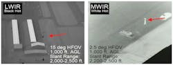 FIGURE 3. Shown is the same scene from two imagers captured at different times aboard the same aircraft at 1000 ft above ground level. An LWIR image from 15° HFOV camera; the arrow in the center of the image indicates a human in the frame (left). An MWIR image with 2.5° HFOV; the same human is in the MWIR frame as indicated by arrow (right). FIGURE 3. Shown is the same scene from two imagers captured at different times aboard the same aircraft at 1000 ft above ground level. An LWIR image from 15° HFOV camera; the arrow in the center of the image indicates a human in the frame (left). An MWIR image with 2.5° HFOV; the same human is in the MWIR frame as indicated by arrow (right).