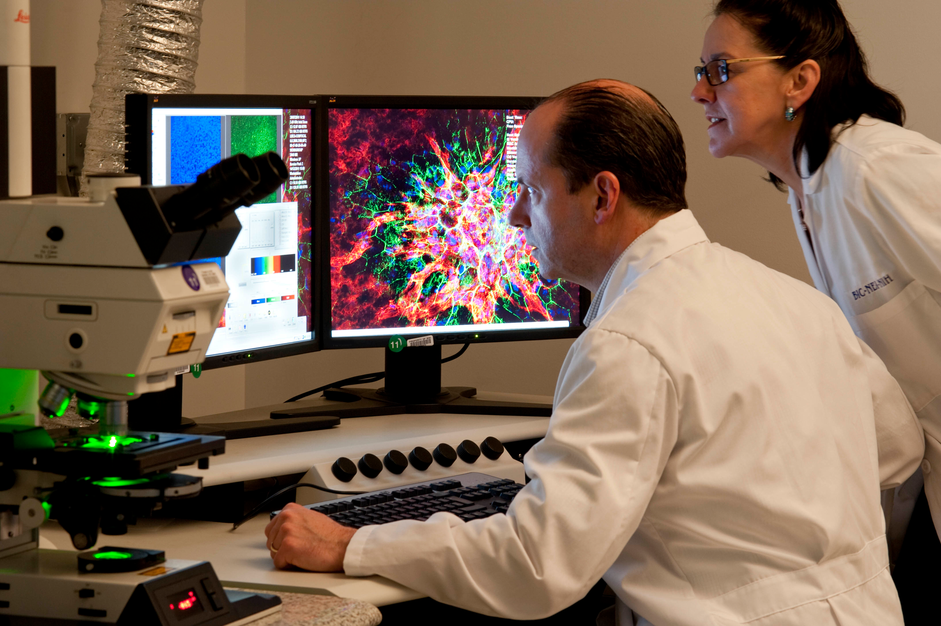 National Eye Institute scientists observe ocular tissue samples under a laser scanning microscope.