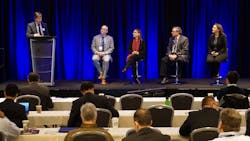 The Optics Panel (left to right: Moderator Tom Hausken, Todd Jaeger, Jannick Rolland, Groot Gregory, and Jessica DeGroote Nelson) started with a question probing the importance of freeform optics. The Optics Panel (left to right: Moderator Tom Hausken, Todd Jaeger, Jannick Rolland, Groot Gregory, and Jessica DeGroote Nelson) started with a question probing the importance of freeform optics.