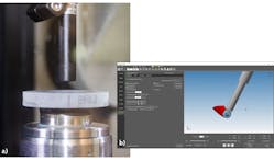 FIGURE 4. A &ldquo;spot&rdquo; part being measured with on-board probing on the UFF machine to calculate removal function (a) and UFF toolpath simulation in PROSurf to ensure an optimal polishing cycle (b).