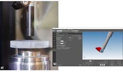 FIGURE 4. A “spot” part being measured with on-board probing on the UFF machine to calculate removal function (a) and UFF toolpath simulation in PROSurf to ensure an optimal polishing cycle (b). FIGURE 4. A “spot” part being measured with on-board probing on the UFF machine to calculate removal function (a) and UFF toolpath simulation in PROSurf to ensure an optimal polishing cycle (b).