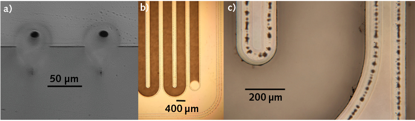 FIGURE 1. Side view of laser welded interface (a); the dark spots indicate voids due to mass transport. A serpentine channel is seen in (b) and a close-up plan view of the serpentine channel with weld lines on either side is seen in (c). The dark spots in the center of the weld line in the close-up are voids located above the interface.