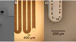 FIGURE 1. Side view of laser welded interface (a); the dark spots indicate voids due to mass transport. A serpentine channel is seen in (b) and a close-up plan view of the serpentine channel with weld lines on either side is seen in (c). The dark spots in the center of the weld line in the close-up are voids located above the interface.