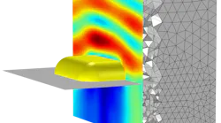 FIGURE 1. Scattering of light by a gold nanoparticle embedded in a substrate. The finite element mesh is also shown.