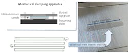 FIGURE 5. Identical glass micro-weld lines at ~200 µm on-center spacing (left) and close-up view showing finer detail (right). FIGURE 5. Identical glass micro-weld lines at ~200 µm on-center spacing (left) and close-up view showing finer detail (right).