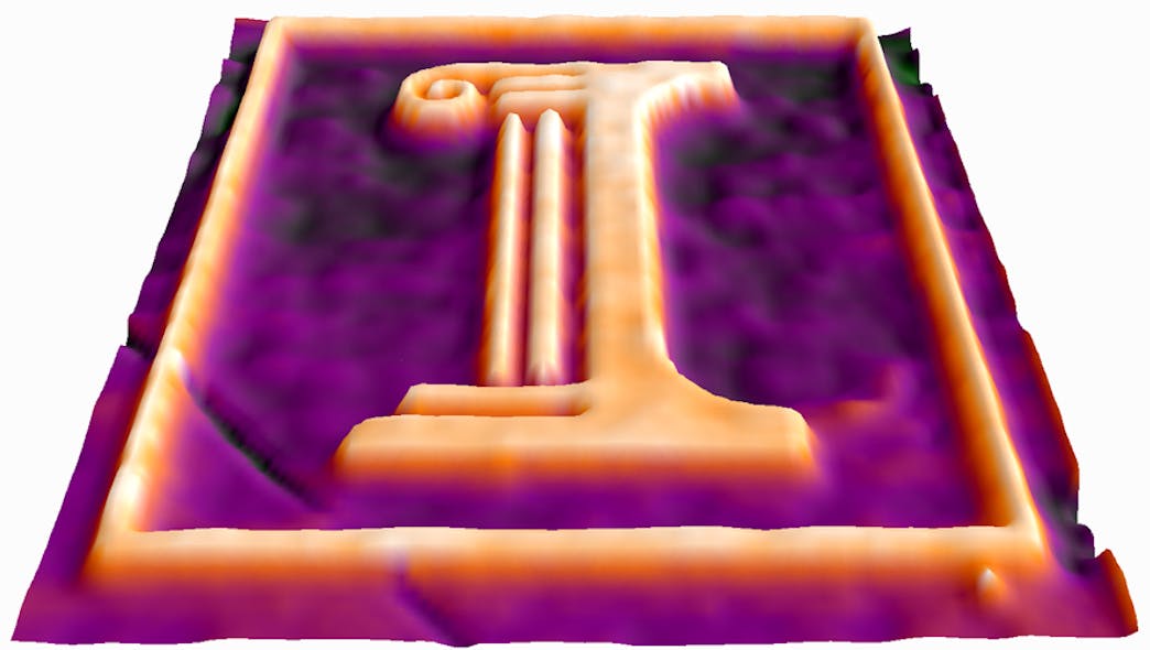 A three-dimensional image of an etched gallium-arsenide semiconductor is taken during etching with a new microscopy technique that monitors the etching process on the nanometer scale. The height difference between the orange and purple regions is about 250 nm.