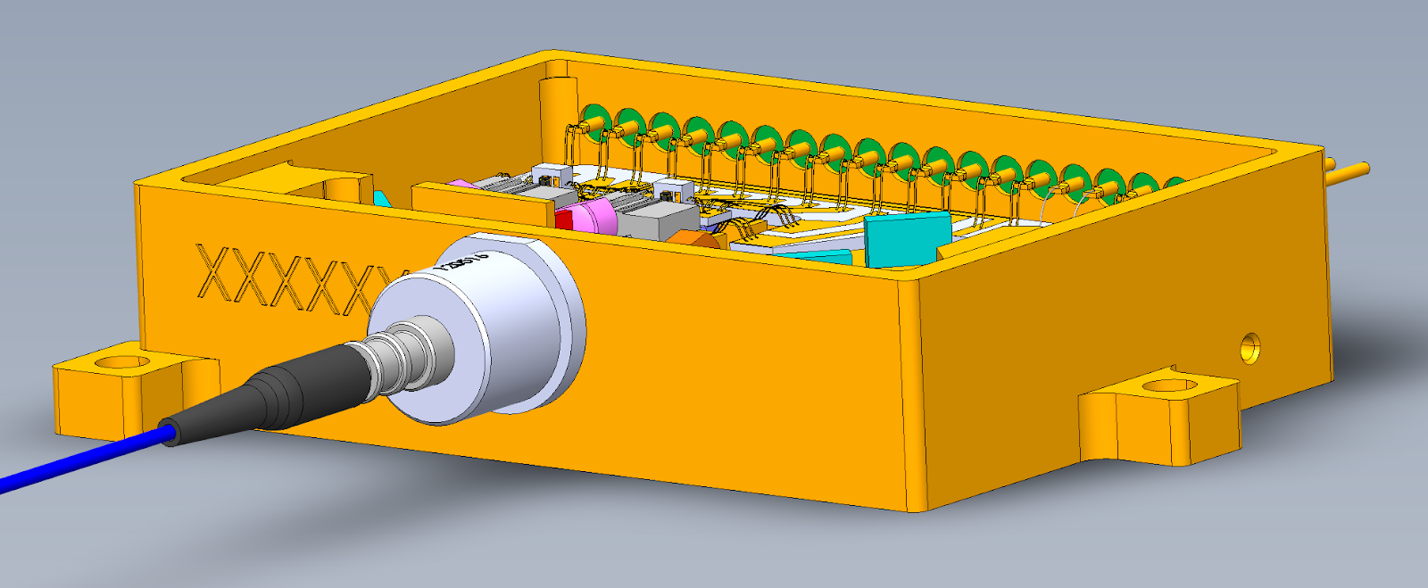 The laser oscillator configuration is based on a nonplanar ring oscillator where the facets of the Nd:YAG gain crystal serve as the reflecting surfaces of the cavity, eliminating the need and potential misalignment of external discrete mirrors.