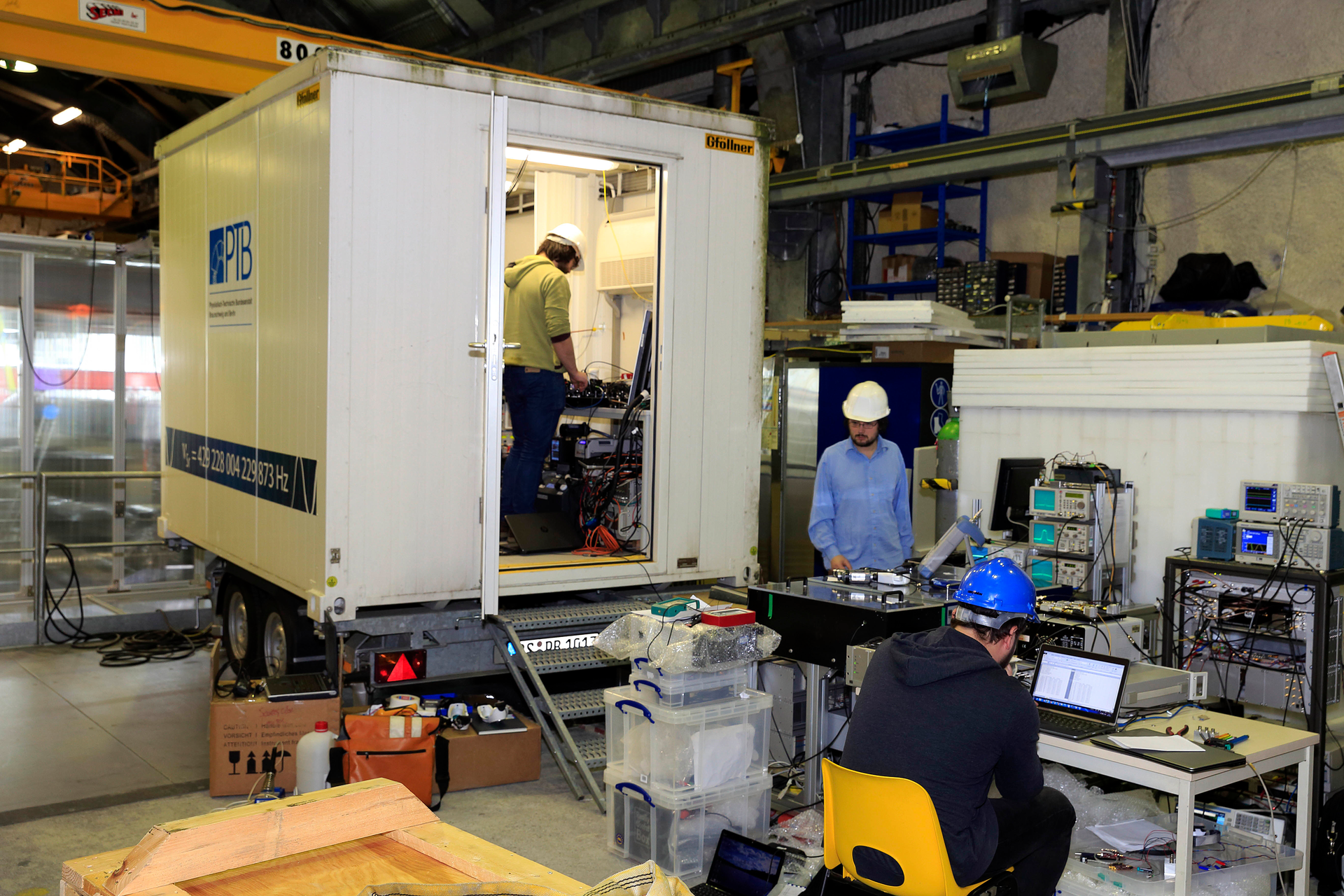 PTB's transportable optical atomic clock (in trailer at left) in the Modane Underground Laboratory (LSM).