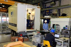 PTB's transportable optical atomic clock (in trailer at left) in the Modane Underground Laboratory (LSM). PTB's transportable optical atomic clock (in trailer at left) in the Modane Underground Laboratory (LSM).