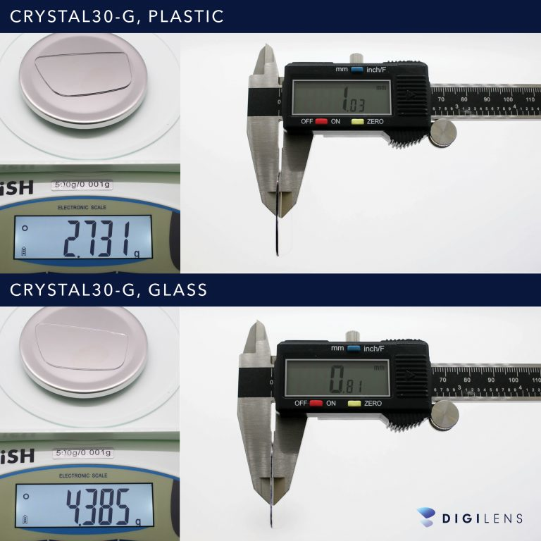 Weight and thickness comparison between glass and plastic waveguides is shown.
