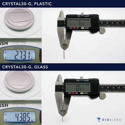 Weight and thickness comparison between glass and plastic waveguides is shown. Weight and thickness comparison between glass and plastic waveguides is shown.