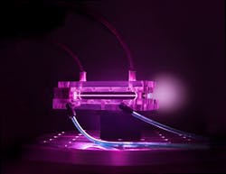 A 9 cm-long capillary discharge waveguide used in BELLA experiments to generate multi-GeV electron beams. The plasma plume has been made more prominent with the use of HDR photography. A 9 cm-long capillary discharge waveguide used in BELLA experiments to generate multi-GeV electron beams. The plasma plume has been made more prominent with the use of HDR photography.