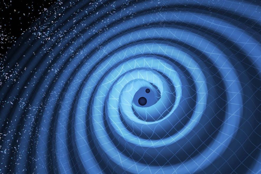 This illustration shows the merger of two black holes and the gravitational waves that ripple outward as the black holes spiral toward each other. The black holes--that represent those detected by LIGO on December 26, 2015--were 14 and 8 times the mass of the sun, until they merged, forming a single black hole 21 times the mass of the sun. In reality, the area near the black holes would appear highly warped, and the gravitational waves would be too small to see.