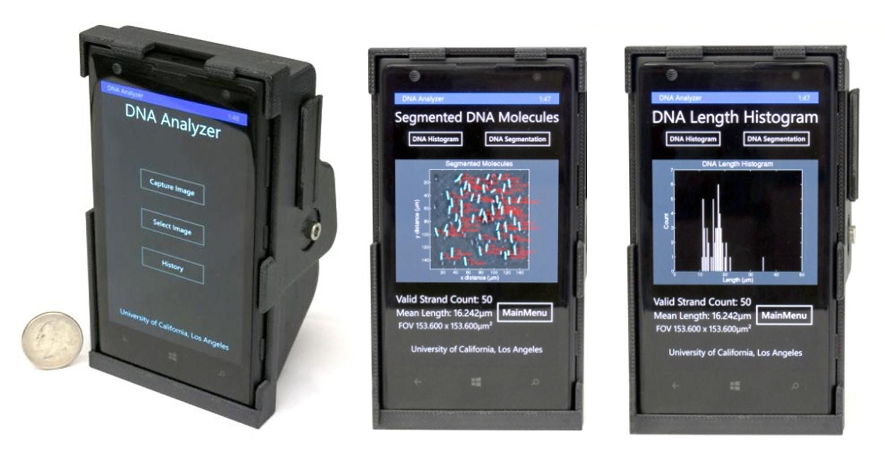 Imaging and sizing of single DNA molecules can be done on a mobile-phone-based microscope.