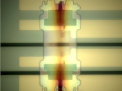 One of the MIT researchers' new photon detectors, deposited athwart a waveguide (horizontal black band) on a silicon optical chip. One of the MIT researchers' new photon detectors, deposited athwart a waveguide (horizontal black band) on a silicon optical chip.